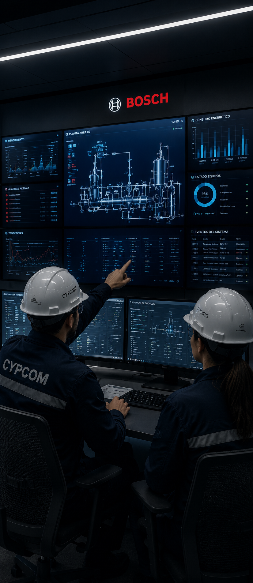 sala de control, monitoreo, SCADA, operación industrial y la integración entre CYPCOM y Bosch